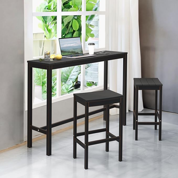Outdoor Bar Height Table and Chairs Set, 3 Piece Black Top and Bronze Leg Patio - Image 2