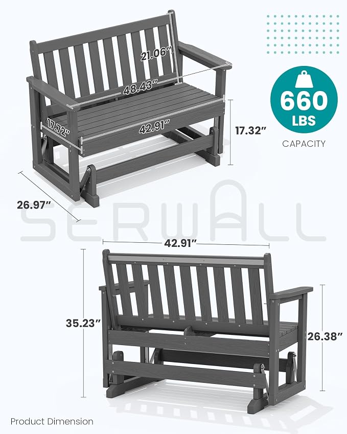 SERWALL Outdoor Glider Bench Set of 2, HDPE Weather-Resistant Swinging Bench - Image 2