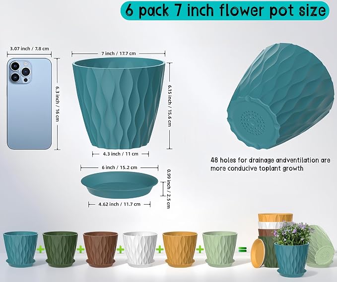 6 Pack 7 Inch Plant Pots with Drainage and Saucers, Stackable Nursery Planters - Image 2