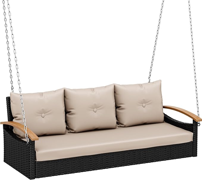 YITAHOME Porch Swing with Cushion 3-Seats Front Hanging Wicker Swing Rattan - Image 8