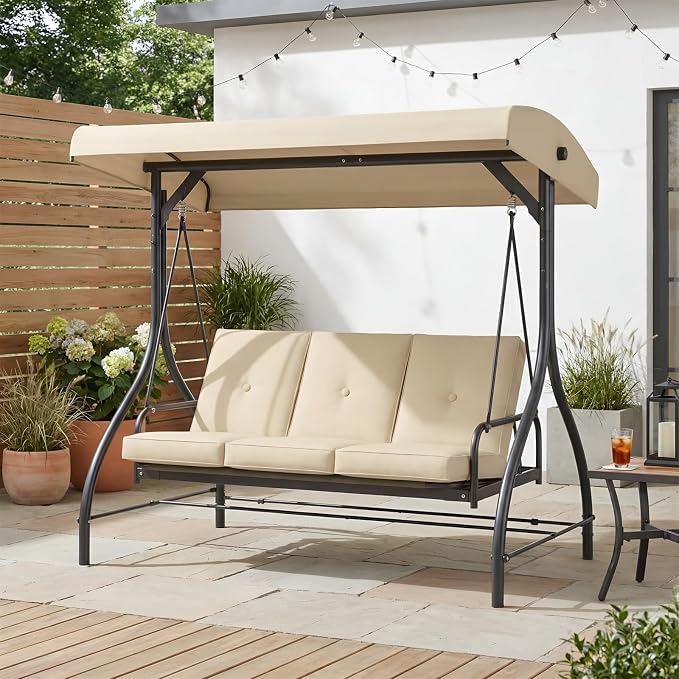MAMIZO 3-Seat Patio Swing with Adjustable Canopy & Backrest, Outdoor Porch - Image 8