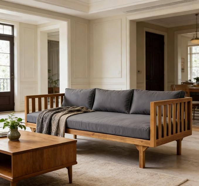 Merax Solid Acacia Wood Couch Chaise Lounge Chair Indoor, 3 Seater Daybed Sofa - Image 8