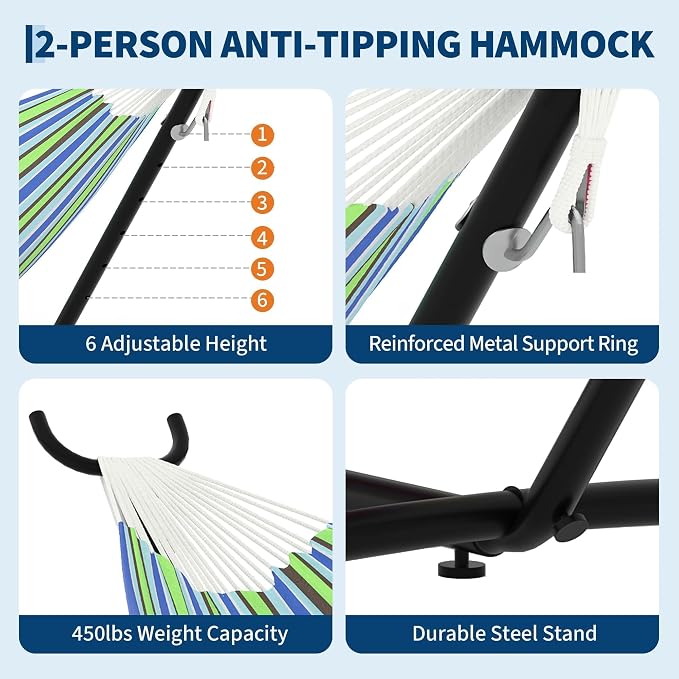 Double Hammocks with Stand for Outside, Portable Space Saving Heavy-Duty Steel - Image 4