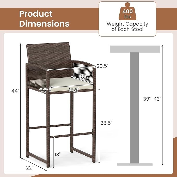 Tangkula Patio Bar Stools Set of 2, PE Rattan Bar Height Chairs - Image 7