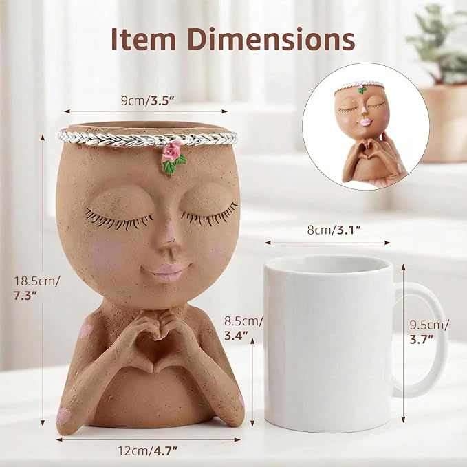 Face Planter Pot with Heart Hands, Resin Head Planter - Image 2
