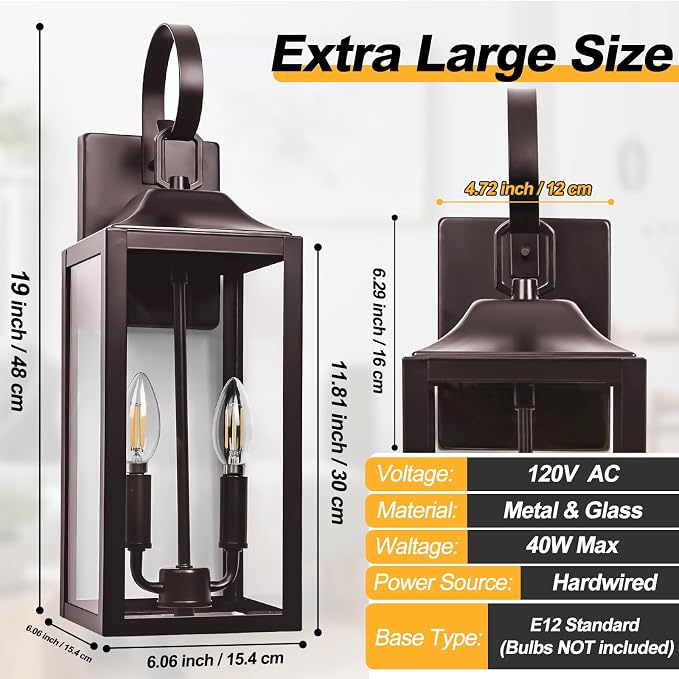 19" Oil Rubbed Bronze Outdoor Wall Lantern 2-Light, Large Outside Modern Sconce - Image 4