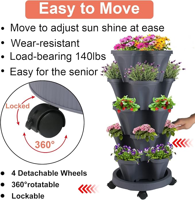GameXcel Vertical Planter 5 Tier Stackable Planters Garden Planters Strawberry - Image 5