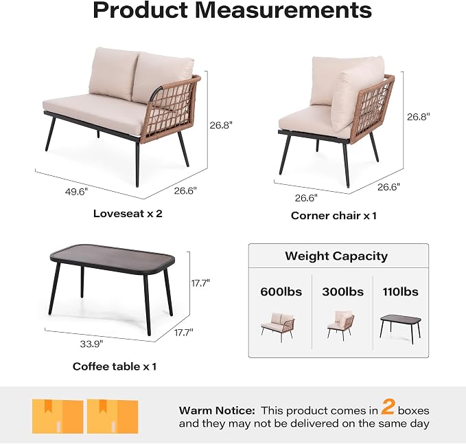 LAUSAINT HOME 6 Pieces L-Shaped Outdoor Furniture Set, Wicker Rattan Patio - Image 3