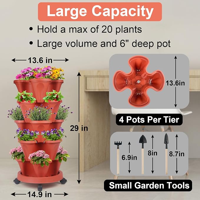 DUNCHATY Stackable Planters 5 Tier Vertical Garden Planting Tower Planters - Image 6