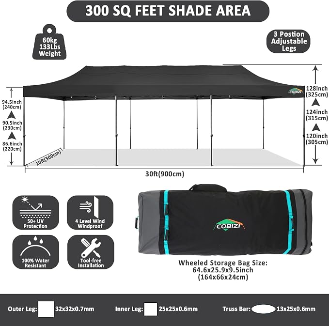 COBIZI 10x30 Pop Up Canopy Without Sidewall, Heavy Duty Canopy UPF 50+ All - Image 4