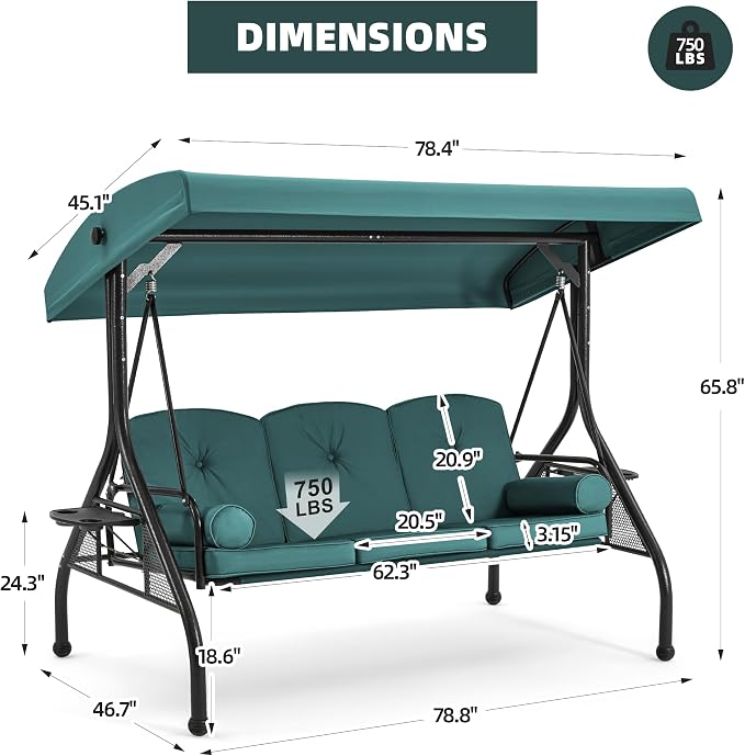 HOMREST 3 Seat Outdoor Porch Swing - Image 5
