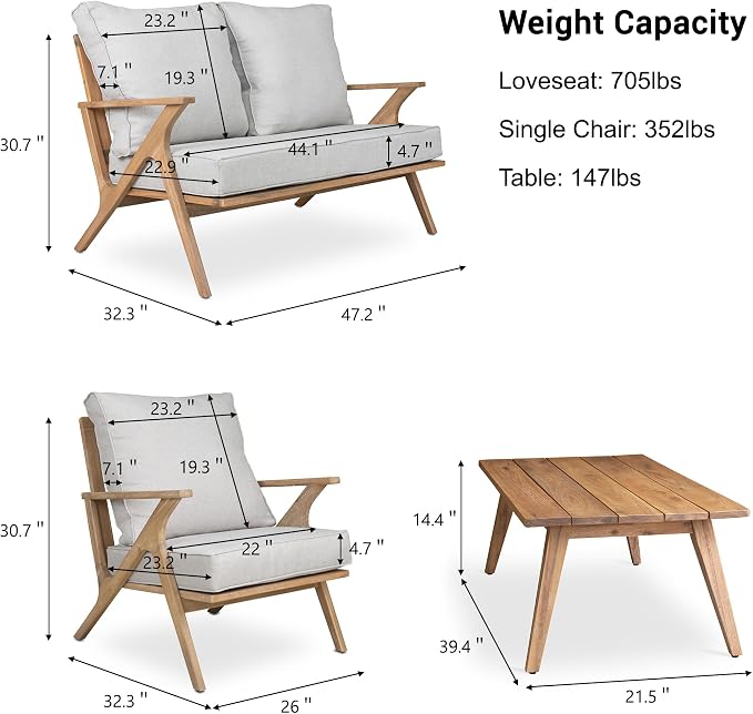 4 Pieces Acacia Wood Patio Furniture Set, Outdoor Seating Sofa Set - Image 2
