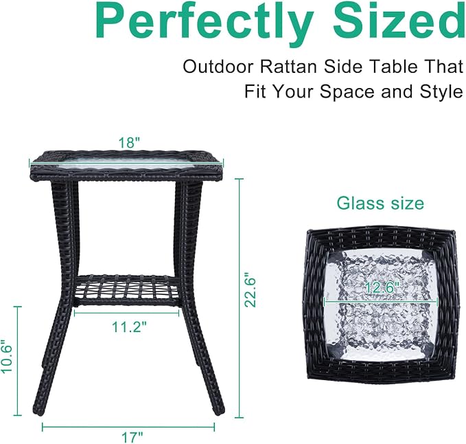 Outdoor Side Table with Storage Wicker Patio Side Table, Tempered Glass Top End - Image 3