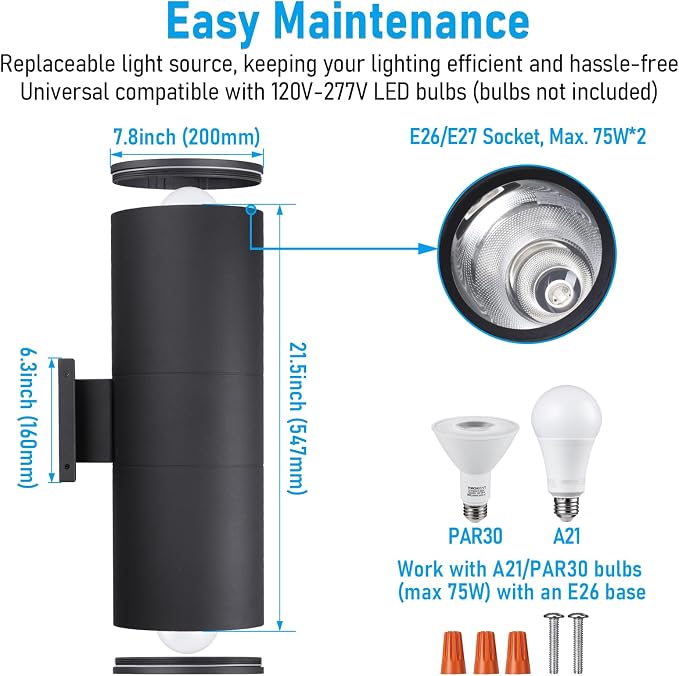 LEONLITE Modern Outdoor Cylinder Wall Lights 22", Porch Light in 2 Lights - Image 4