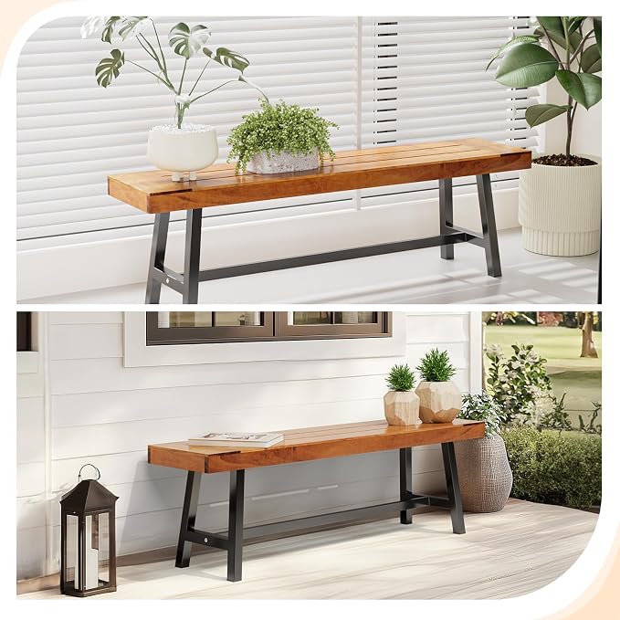 VINGLI Outdoor Bench with Metal Legs Rustic, Wood Dining Bench Indoor Outdoor - Image 7