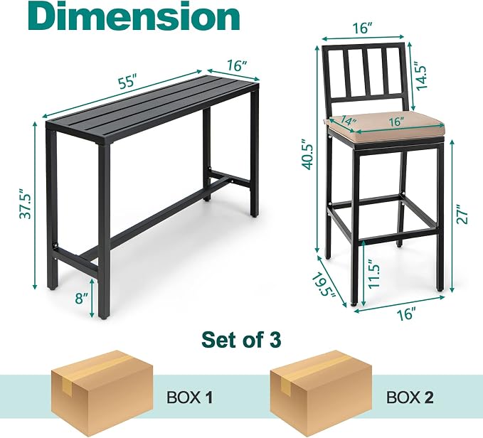 COSTWAY 3 Piece Outdoor Patio Bar Set, Metal Bar Table and Chairs Set - Image 3