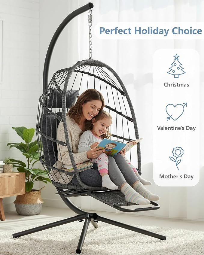SWITTE Egg Chair Outdoor with Footrest & Stand, Indoor Wicker Hanging Egg Swing - Image 2