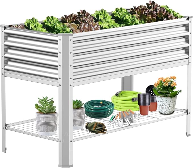 Raised Garden Bed with Legs, Galvanized Raised Planter Box with Storage Shelf by COATTOA