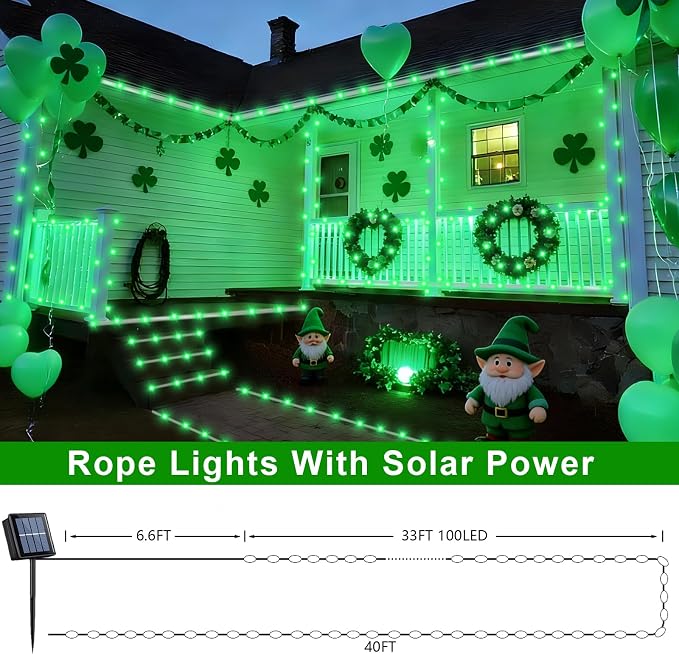 QITONG 2 Pack Green St Patricks Day Lights, Each 33ft 100 LED Solar Rope Lights - Image 8