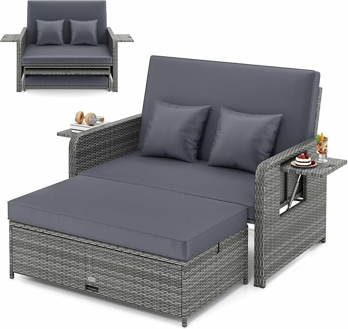 LDAILY Moccha Outdoor Daybed, Wicker Loveseat Sofa Set by LDAILY