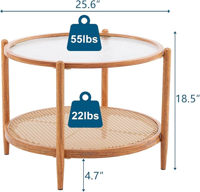 VINGLI 25.6" Rattan Coffee Table, Round Water-Wave Glass Metal Center Table - Image 2