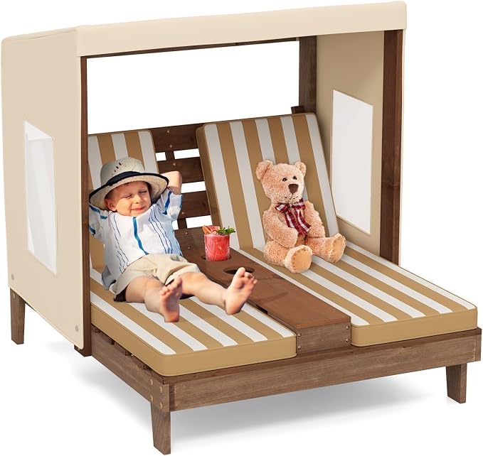 Costzon Kids Lounge Chair Outdoor, Wood Double Seat Chaise Lounge by Costzon