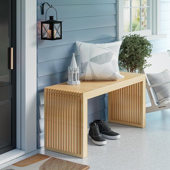 Bamboo Dining Bench Indoor Long Entryway Shoe Rack Benchs, Outdoor Modern Wood - Image 4