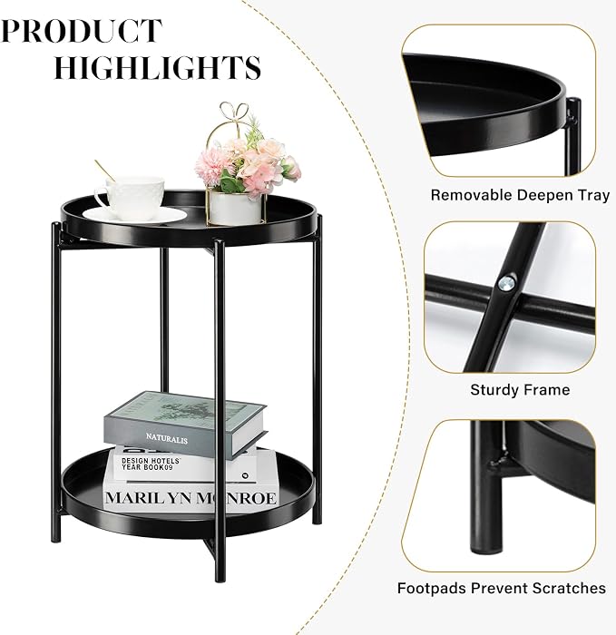 danpinera 2-Tier Round Side Table, Metal End Table - Image 5