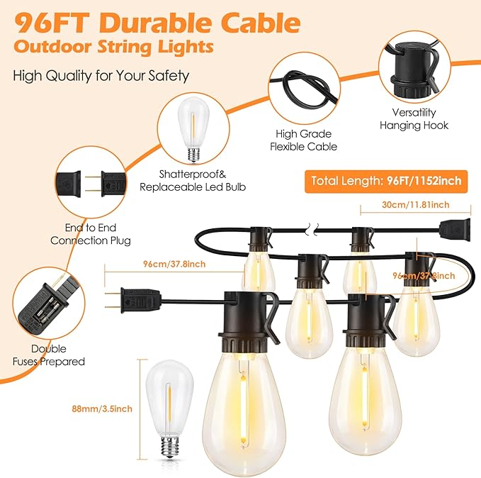 96FT LED Outdoor String Lights, Waterproof Patio Lights - Image 4