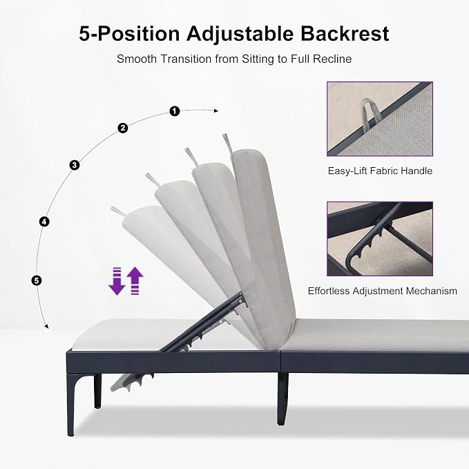 PURPLE LEAF Outdoor Chaise Lounge Set of 2 Aluminum Adjustable Patio Lounger - Image 3