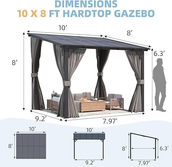 AECOJOY 10' X 8' Gazebo for Patio, Small Wall-Mounted Lean to Gazebo Pergola - Image 6