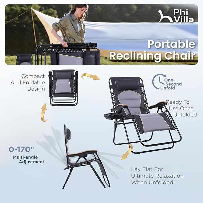PHI VILLA XXL Oversized Padded Zero Gravity Chair, Foldable Patio Recliner - Image 4