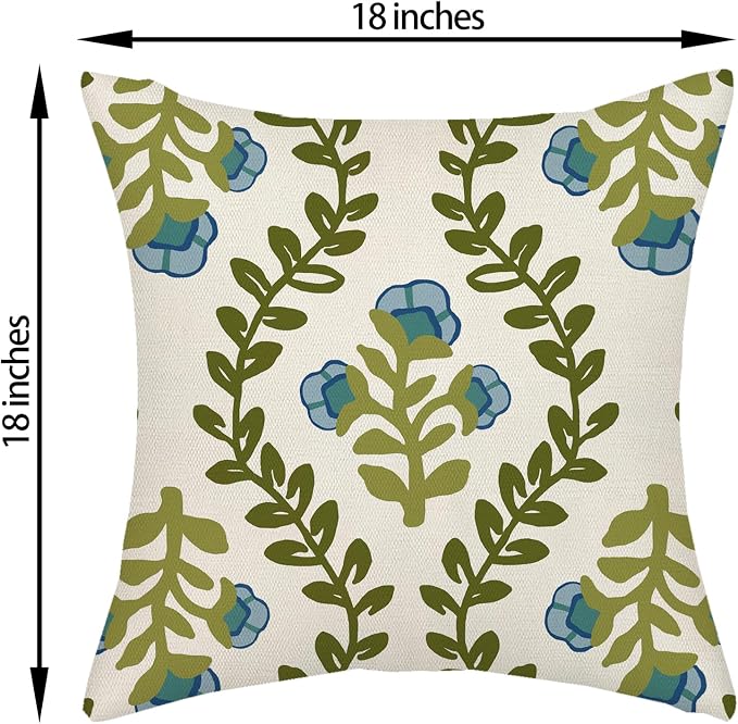 Sage Green Boho Pillow Covers 18x18 Inch 2 Pcs Blue Green Floral Leaves Decor - Image 6