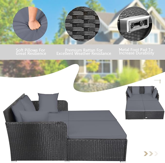 HAPPYGRILL Outdoor Rattan Daybed Patio Loveseat Sofa Set - Image 7