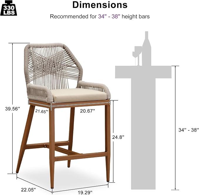 PURPLE LEAF Patio Sunbrella Counter Height Bar Stools 24" H Set of 2 Modern - Image 2