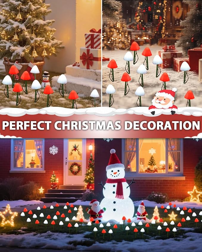 OZS 2PK 32LED 55FT Red and White Christmas Decorations Mushroom Solar Lights - Image 2