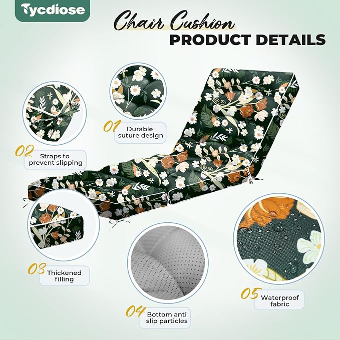 Outdoor Chaise Lounge Chair Cushion, Waterproof Non-Slip Patio Chaise Lounge - Image 5