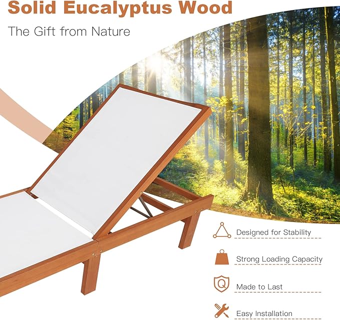 COSTWAY Patio Wood Chaise Lounge Chair, Strong Eucalyptus Wood Frame, - Image 5
