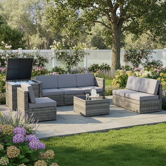 Tangkula 8 PCS Outdoor Patio Furniture Set, Rattan Wicker Sofa Set, Sectional - Image 2