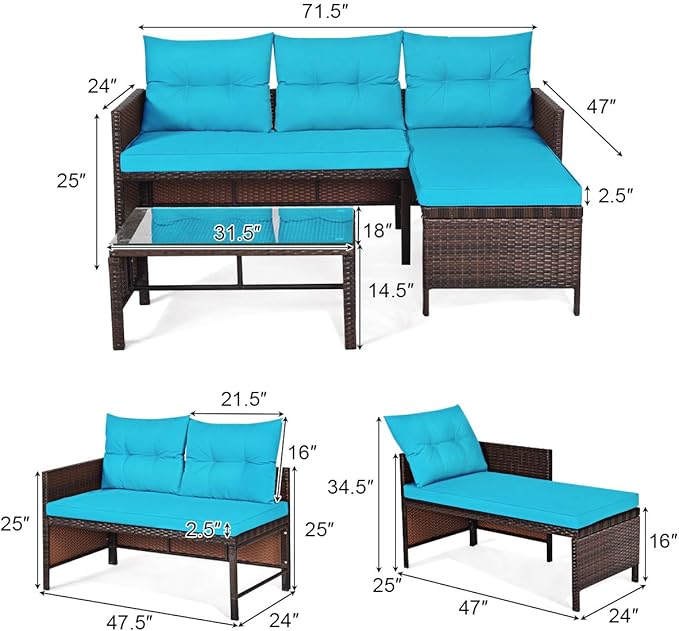 Tangkula Patio Corner Sofa Set 3 Piece, Outdoor Rattan Sofa Set, Includes - Image 5