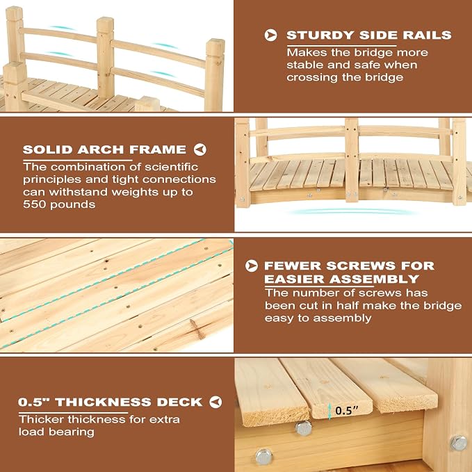 HOMEDIARY 5 FT Fir Wood Garden Bridge, Outdoor Classic Wood Arc Footbridge - Image 6