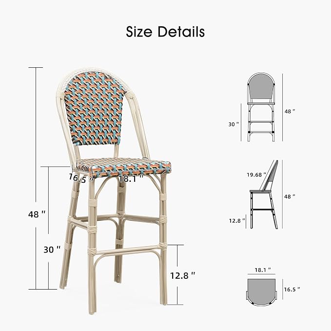 PURPLE LEAF French Bar Stool Set of 2 White Print Finish Patio Bar Stools - Image 6
