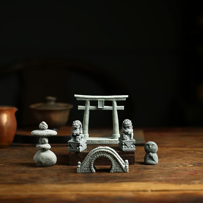 6 PCS Mini Zen Garden Accessories, Miniature Garden Bridge Foo Dogs Torii Gate - Image 5