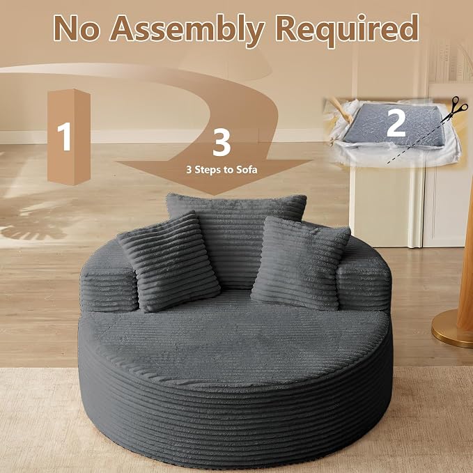 Oversized Round Chair Lounge Chaise Indoor, Upholstered Corduroy Deep Seat - Image 5