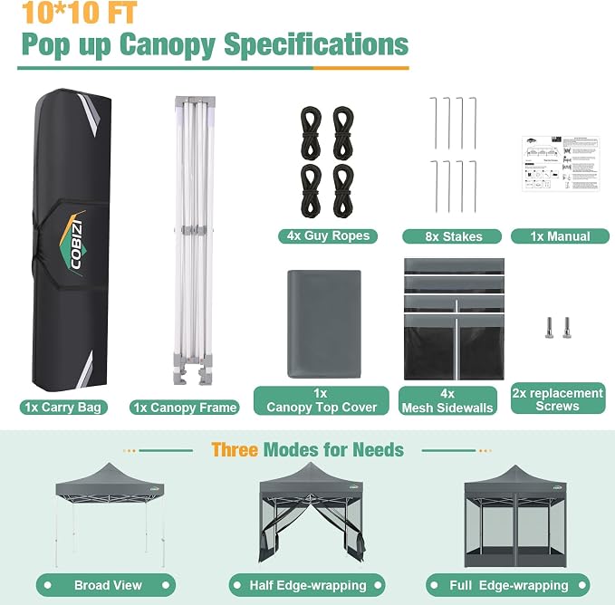 COBIZI 10x10 Canopy Tent, Heavy Duty Pop up Canopy - Image 6