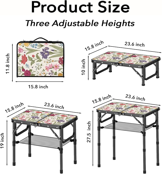 Small Camping Table, Vintage French Flowers Pattern Folding Table, Adjustable - Image 3