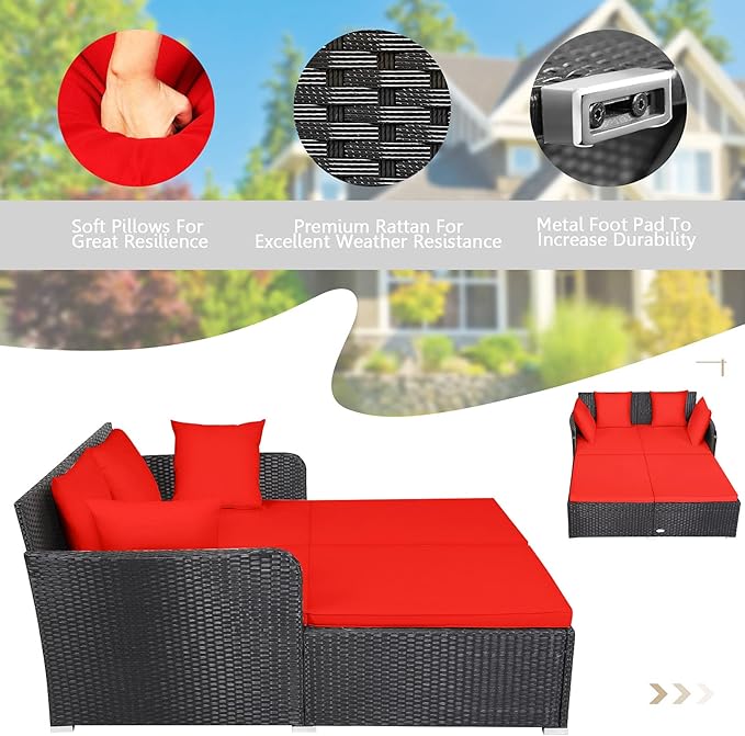 HAPPYGRILL Outdoor Rattan Daybed Patio Loveseat Sofa Set - Image 6