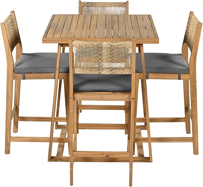 Christopher Knight Home Barron 5-Piece Acacia Wood Patio Bar Set, Patio Bar - Image 6