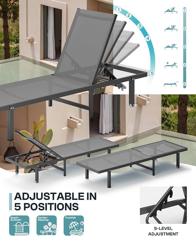 Aluminum Outdoor Lounge Chairs Set of 2, Pool Lounge Chairs - Image 5