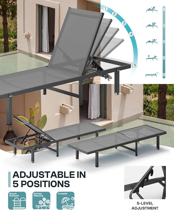 Lounge Chair Outdoor with Wheels, Aluminum Chaise Lounge Outdoor Chair with 5 - Image 4